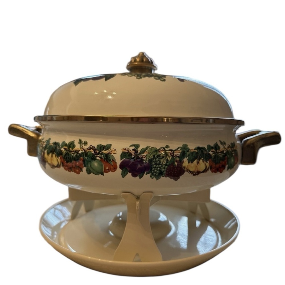 🆕Tabletops Unlimited Kensington Garden 10" Covered Enamel Casserole Warmer Stand
